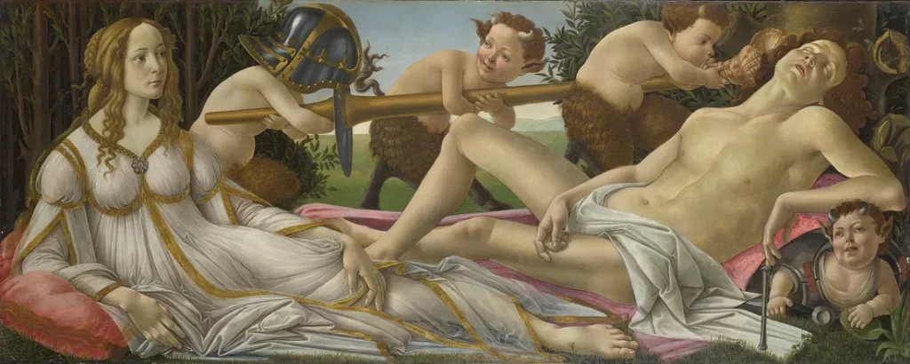 Venus and Mars (c 1485) by Sandro Botticelli. Tempera and oil on poplar panel, 69 cm x 173 cm. National Gallery, London. Source Wikimedia Commons